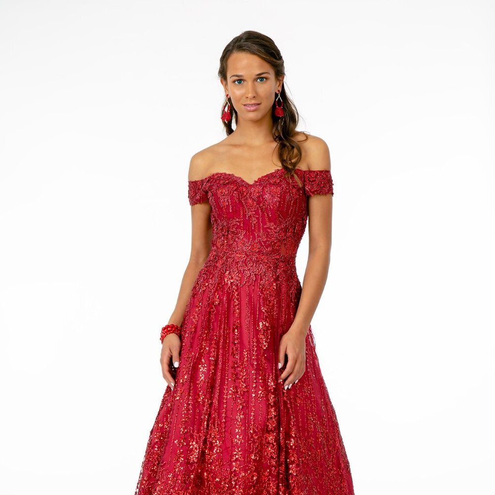 New Long Cut-Away Shoulder Sleeveless Mesh Dress Embroidered With Glitter Gl2941